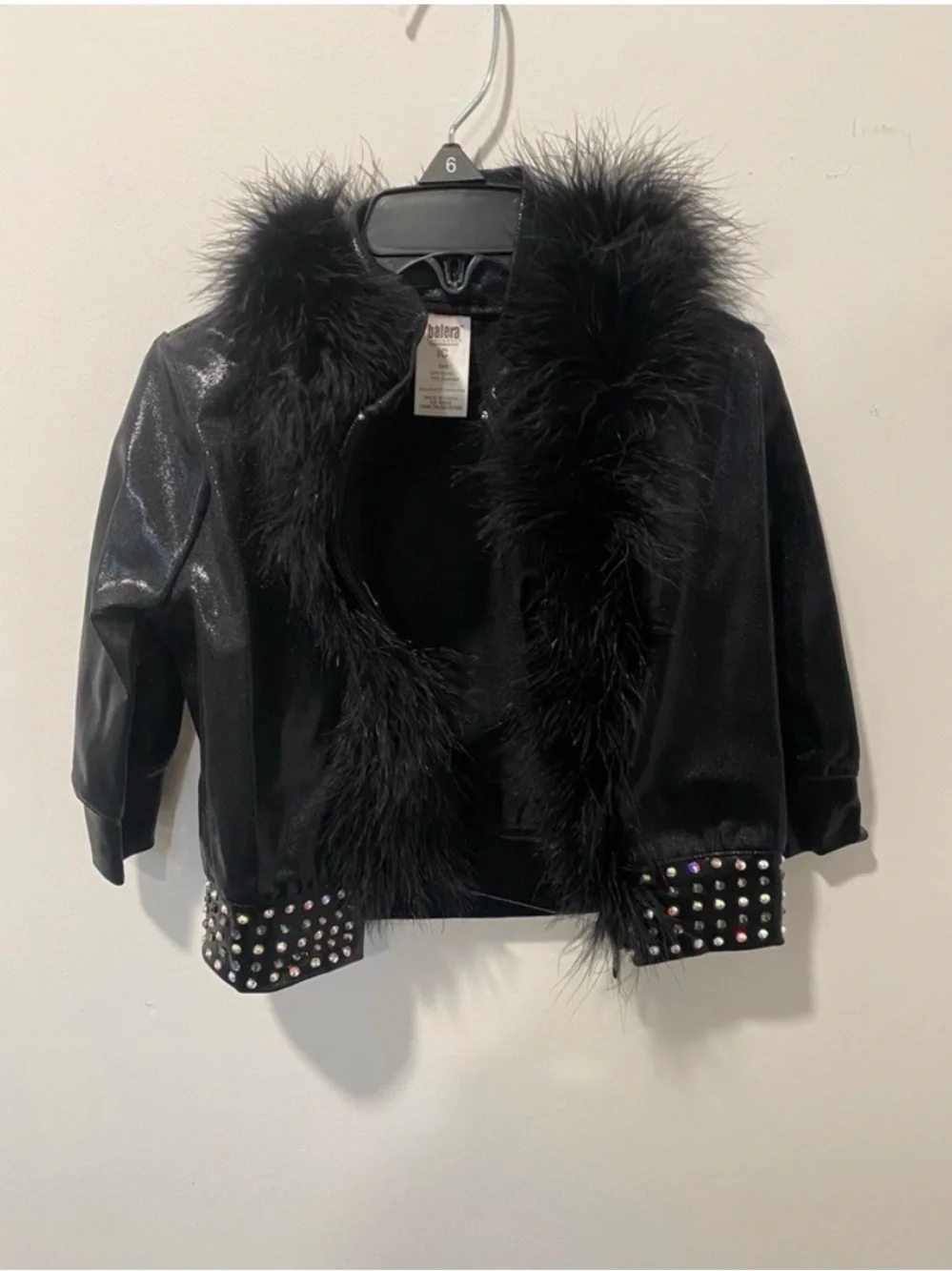 balera Black Faux Fur Trim Studded Kids Dance Jacket